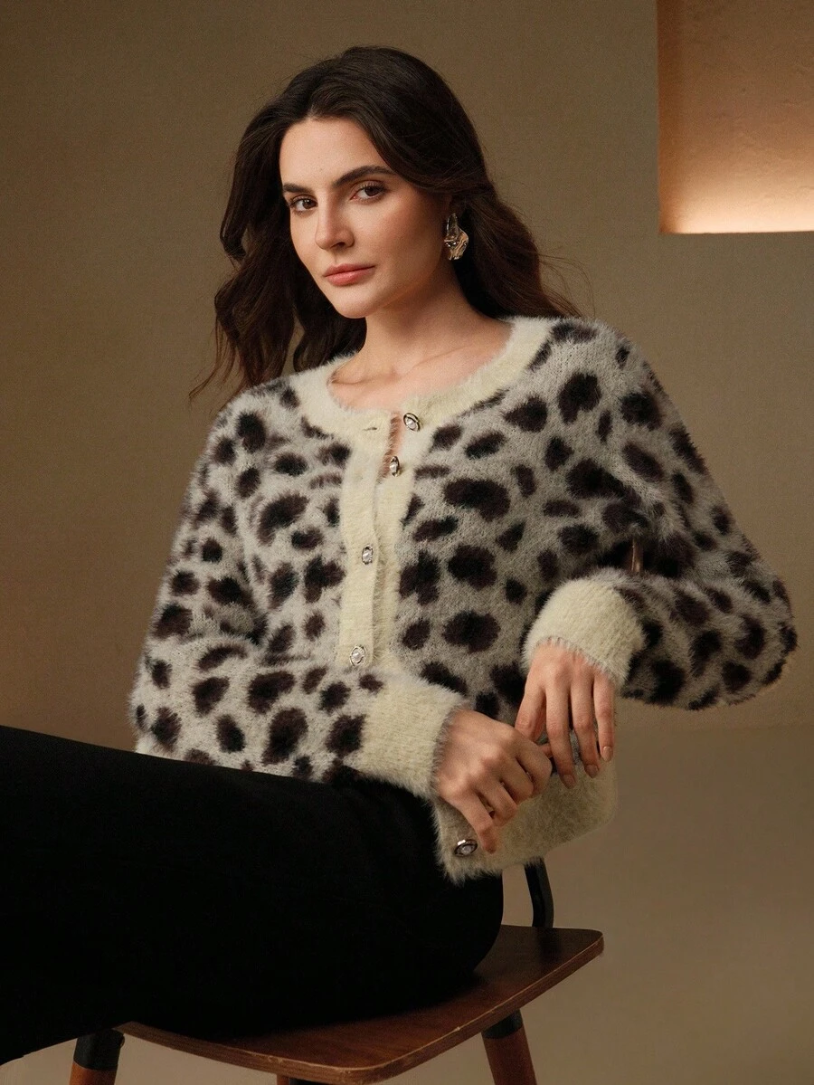 Anewsta Áo len cardigan họa tiết da báo cổ điển thanh lịch dành cho nữ - Nhiều màu - Xem 1