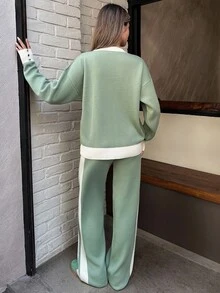 EURMUSE 女款鼠尾草綠寬鬆針織套裝 2 件組，白色對比滾邊毛衣搭配高腰針織長褲，舒適休閒居家服套裝，冬季衣物 - 綠色 - 查看 3
