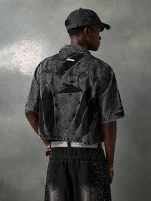 NEON BLANC 男士夏季时尚街头刺绣拼布口袋水洗牛仔衬衫 - 黑色 - 查看 3