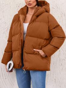SHEIN Cottnline Women'S Long Sleeve Hooded Padded Jacket - Coklat - View 5