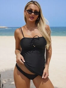 SHEIN Swim Lushoire Elegant & Versatile Slim-Fit Bandeau Tankini Set Summer - Black - View 5