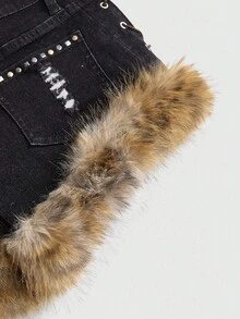 ROMWE Grunge Punk Y2K Kpop Baddie Skull Studded Frayed Super Low Rise Mini Super Low Waist Denim Shorts - Black - View 4