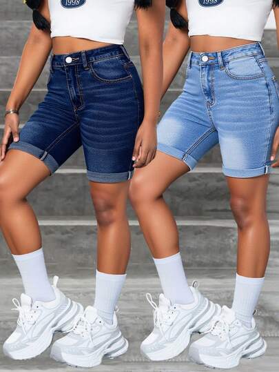 SHEIN Spring Summer Break 2pcs/Set Light&Solid Washed Denim High Stretch Rolled Hem Skinny Jeans Long Shorts For Tween Girls, Summer Comfortable Biker Short,Summer Beach Boho Vacation Shorts, Summer Concert Festival Casual Rave Outfits, Girls Summer Brunch Graduation Outfits, School, Campus, College