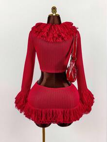 Y2K Amplova 女款流苏修身长袖上衣和流苏修身迷你裙两件套服装 - 紅色 - 查看 2