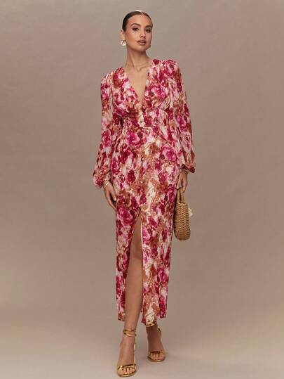 Enchnt Vestido de manga larga con cuello en V profundo y estampado aleatorio para mujer