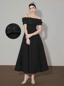 Poshira 女士露肩黑色晚礼服 - 黑色 - 查看 2