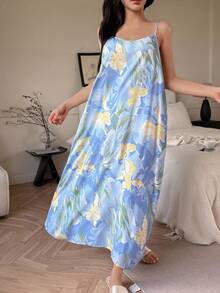 DAZY 女士印花轻薄长款吊带裙，度假风睡衣，宽松睡裙 - 淺藍色 - 查看 6