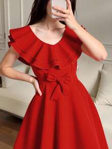 Teen Girl Summer Solid Color Splice Double-Layer Ruffle Hem Elegant And Simple Dress - Red - View 7