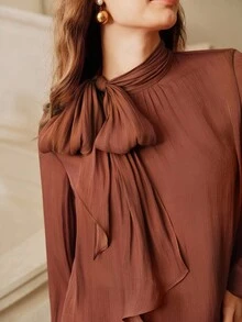 Savoree Women High Collar Long Sleeve Tie Neck Elegant Chic Office Top, Butterfly Decor Blouse