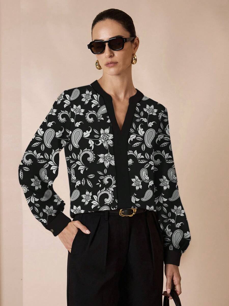 Shutterstock Glamance 女士长袖衬衫,适合通勤和外出的办公室服装,秋季佩斯利印花衬衫 - 黑色 - 查看 1