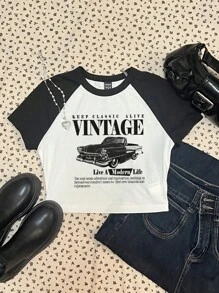 Attitoon 复古赛车图案休闲简约圆领短袖短款上衣女式T恤，适合夏季 HP CLASSIC ALIVE VINTAGE 过着现代生活 灵魂寻求冒险和探索，推动我们超越舒适区，寻找新的生活和体验 - 白色 - 查看 1