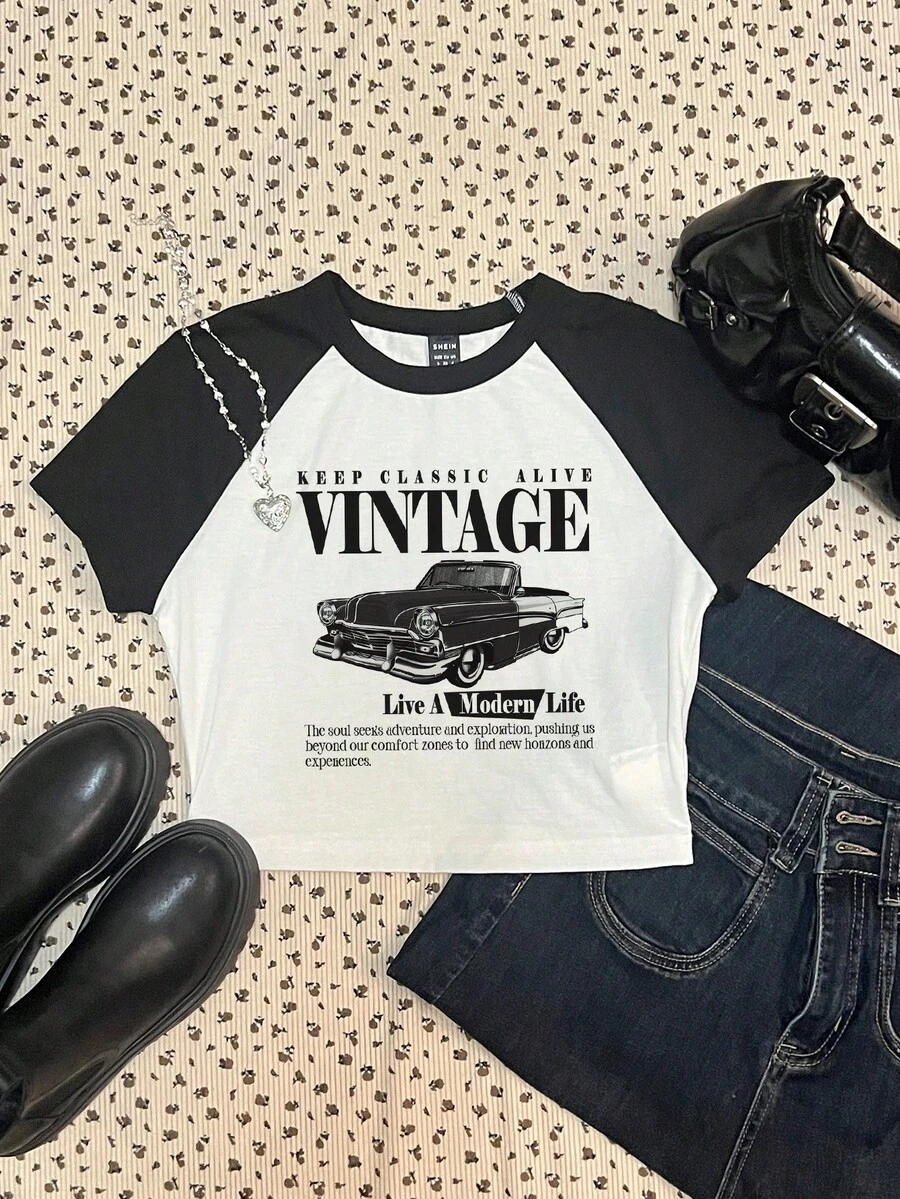 Attitoon 复古赛车图案休闲简约圆领短袖短款上衣女式T恤，适合夏季 HP CLASSIC ALIVE VINTAGE 过着现代生活 灵魂寻求冒险和探索，推动我们超越舒适区，寻找新的生活和体验 - 白色 - 查看 1