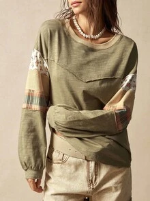 Bohemela 休闲针织拼布圆领长袖宽松女式T恤 - 彩色 - 查看 3