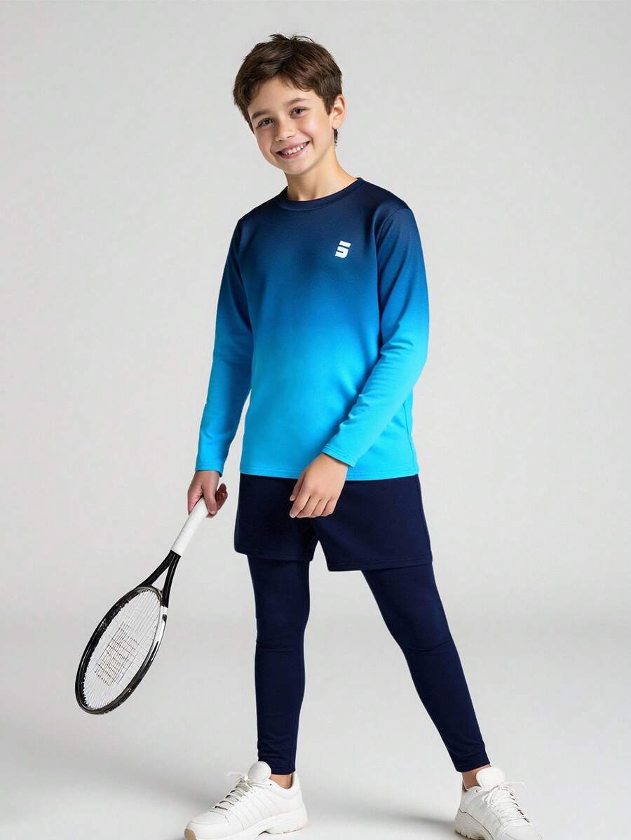 JNSQ Tween Boys Outfit Sets, Children's Autumn/Winter Sports Wear, Boys Slim Fit Gradient Tie-Dye Long Sleeve Crew Neck T-Shirt Paired With Slim Fit 2 In 1 Pants, 2-Piece Sports Suit, Suitable For Autumn/Winter Daily Wear, Outdoor Activities, Holidays, Streetwear, Parties And Leisure - Multicolor - View 1