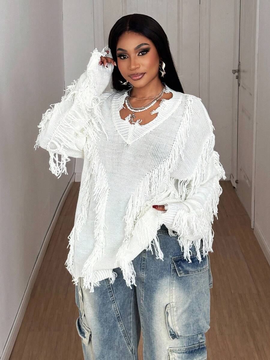 Maweii Große Größen Pullover für Damen, langärmelig, einfarbig, weiß, V-Ausschnitt, zerfetzter gestrickter Pullover, Designsinn, locker und lässig, Halloween, Punk, gestrickter Punk-Pullover, Damen Pendler-Oberteil für Alltag, Herbst und Winter, schwarzer gestrickter Pullover für heiße Mädchen