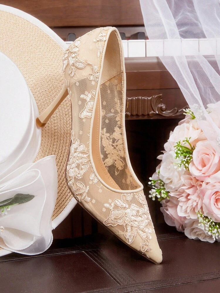 CUCCOO HITCHD Women's Floral Embroidered Lace Pointed Toe Stiletto High Heels, Elegant Romantic Sexy Classic Champagne Mesh Lace Formal Dress Shoes, Bridal Wedding Party Pumps, Suitable For Formal Occasions, Halloween, Christmas, Thanksgiving, Birthday, Valentine's Day