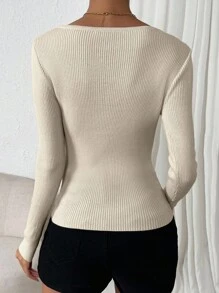 SHEIN Orluneo Women's Casual Solid Color Ribbed Knit Fitted Long Sleeve Sweater, Autumn/Winter Fall Cloth For Women - Apricot - View 2