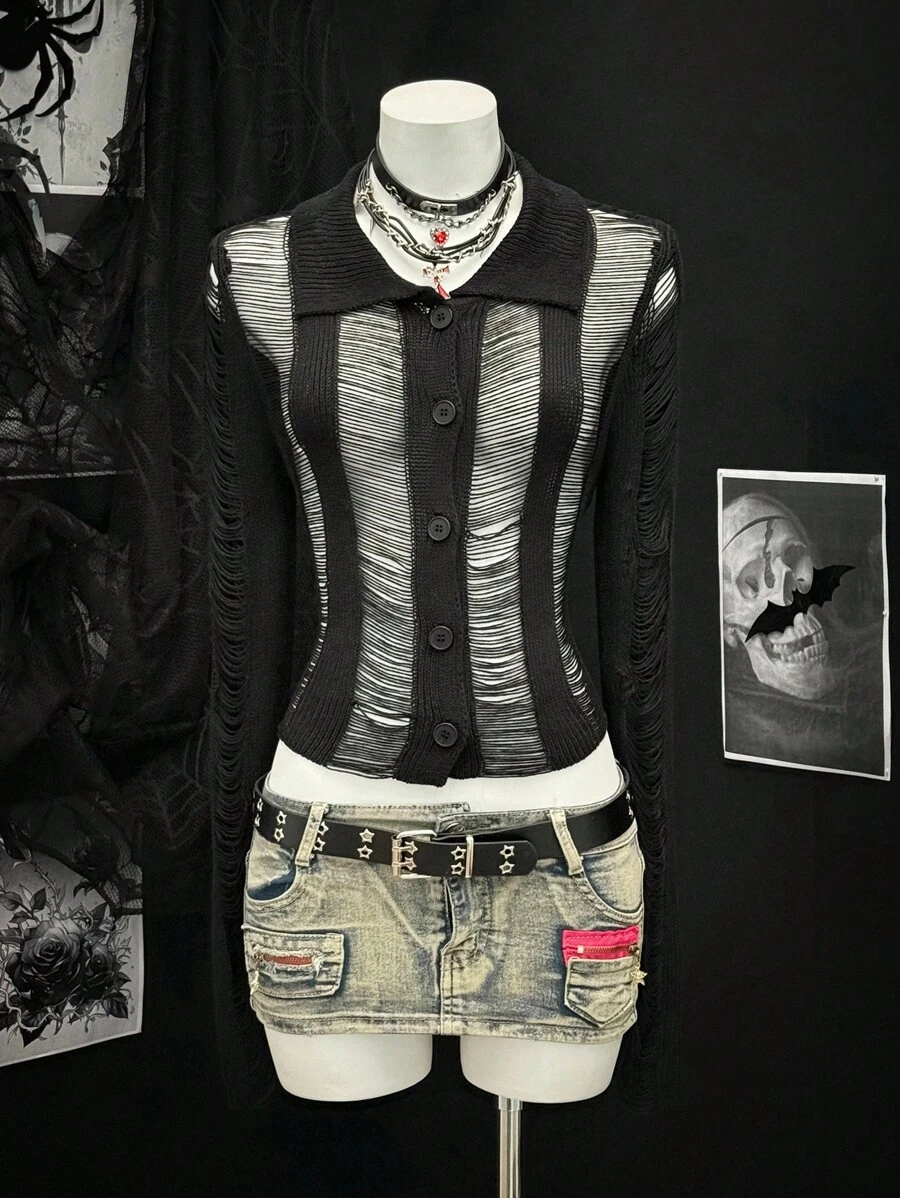 SHEIN Unity Chaqueta de punto con cuello polo sexy, asimétrica y calada, con botones decorativos, estilo europeo y americano, para mujer, para verano, otoño e invierno - Negro - Ver 1