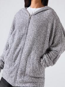 LYSMO 2025 Women Grey Autumn Casual Occasion Zip Up Hoodie,Minimalism Batwing Sleeve Hooded Regular Coat, Back To School Streetwear Graduation - Black - View 6