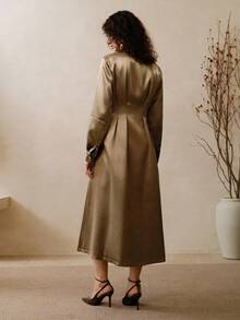 Arave Women's Satin Fold Pleated Fitted Waist Design Daily Commuting Dress Fall Elegant - Apricot - View 3