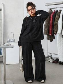 SHEIN EZwear 2 件套纯色圆领长袖休闲套头毛衣和裤子，加大码，秋冬两件套女士毛衣套装女士黑色针织套装粗针织毛衣套装 - 黑色 - 查看 8