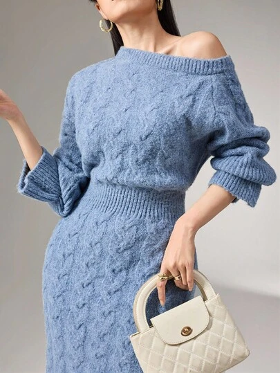 Heiryn Women's Solid Color Asymmetric Neckline Elegant Sweater Dress Autumn Winter Clothes For Women