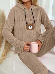 Women's Cartoon Letter Embroidered Hooded Sleepwear Top, Autumn/Winter