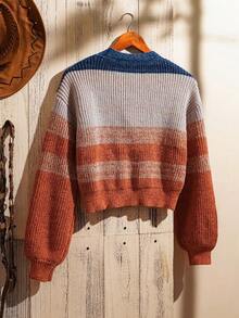 LanaWest 女士宽松针织长袖拼色开衫 - 藍色 - 查看 2