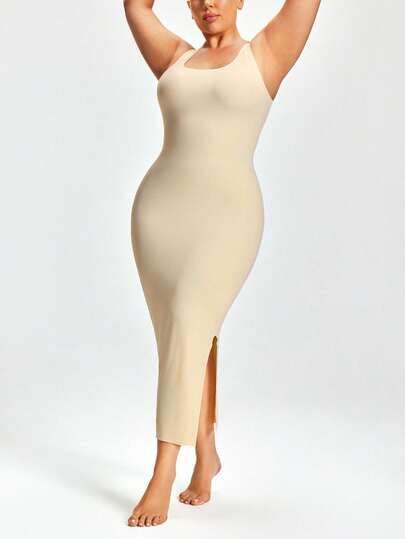 SHAPORA 大码纯色无袖合身无缝塑身连衣裙