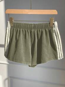 Comfortcana 女式复古水洗军绿色针织阔腿休闲短裤 - 軍綠色 - 查看 3
