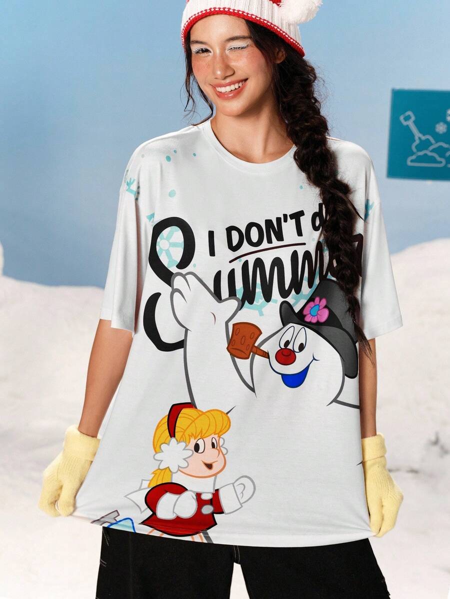 Frosty the Snowman X SHEIN Women's Letter & Snowman Graphic Round Neck Short Sleeve T-Shirt - Multicolor - View 1