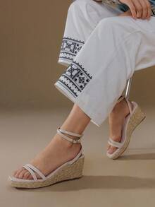 Styleloop Sandalias de cuña con correa de tobillo de metal dorado para mujer, zapatos de plataforma cómodos tipo alpargata para ir al trabajo, citas, fiestas, vacaciones y festivales de música - Albaricoque - Ver 3