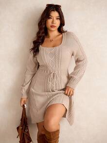 Elaquor 大码女式休闲扭纹针织抽绳腰毛衣裙，秋冬