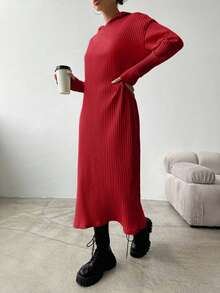 EURMUSE Women's Solid Color Drop Shoulder Long Sleeve Ribbed Casual Hooded Maxi Dress - Merah - View 5