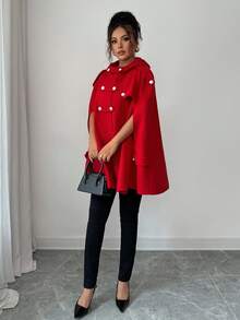 Elenzga 女士红色连帽斗篷，宽松版型，银色蘑菇纽扣装饰，常规款外套，休闲户外时尚日常穿着，适合圣诞节、秋冬季节穿着。 - 彩色 - 查看 3