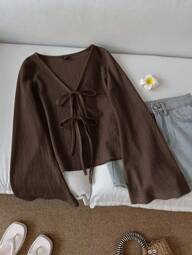SHEIN LUNE Women's Casual Solid Color V-Neck Flare Sleeve Twist Front Blouse, Spring/Autumn Brown V-Neck Top Dark Brown Top Chocolate Brown Top Coffee Brown Top Brown Tie Front Top