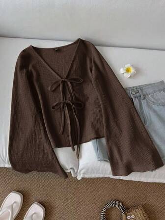 SHEIN LUNE Women's Casual Solid Color V-Neck Flare Sleeve Twist Front Blouse, Spring/Autumn Brown V-Neck Top Dark Brown Top Chocolate Brown Top Coffee Brown Top Brown Tie Front Top