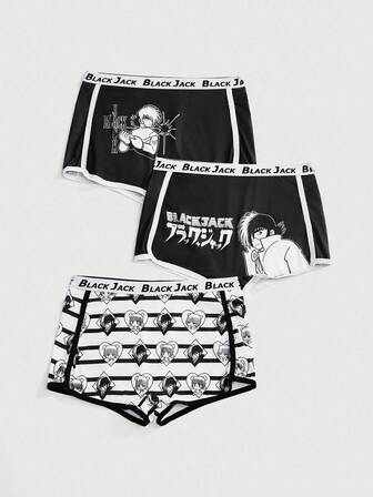 Black Jack X ROMWE 3pcs/Set Cartoon Figure Graphic Jacquard Waistband Graphic Print Splice Boxer Briefs