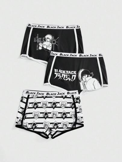 Black Jack X ROMWE 3 pièces/set Boxers avec bande de taille imprimée de personnage de dessin animé, imprimé graphique jacquard et empiècement