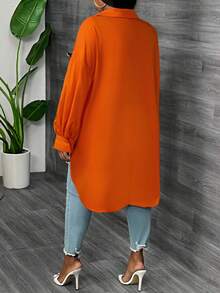 SHEIN CURVE+ Áo sơ mi tay dài màu trắng tay đèn lồng cỡ lớn, mùa xuân - trái cam - Xem 2