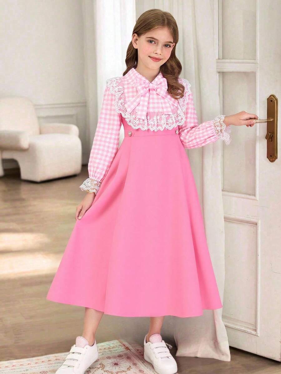 女童秋季连衣裙，时尚百搭校园风，胸前粉色蝴蝶结装饰，泡泡袖搭配蕾丝袖口，后背隐形拉链，适合外出、上学、购物、返校装，可搭配夹克 - 粉色 - 查看 1