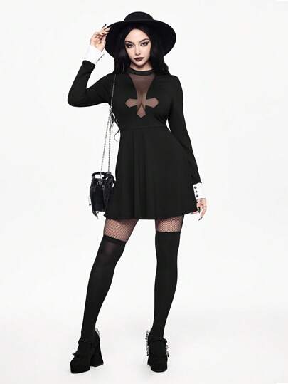 Goth Hollow Cross Collar Women's Dress, Halloween