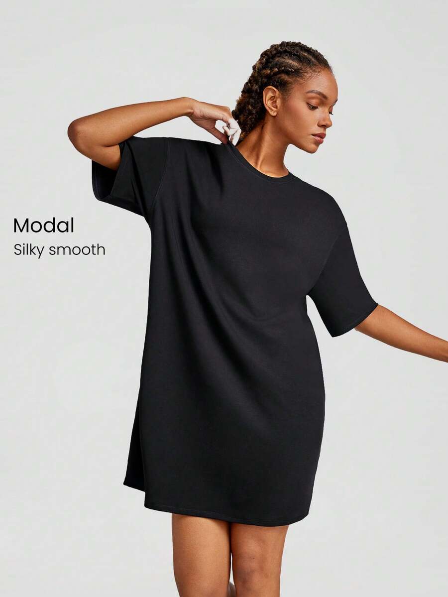 GLOWMODE Modal Rise Loose-Fit T-Shirt Dress Daily Casual Summer - Black - View 1