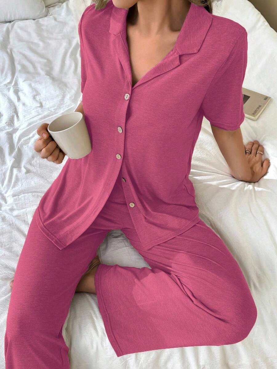 SHEIN Soft & Skin-Friendly Cardigan Button Closure Unisex Casual Pajama Set Button Up Pajama Set Comfy Pajama Set Women Lounge Wear Sets - Hot Pink - View 1