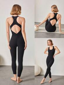 GLOWMODE 24" FeatherFit™ Scrunch Butt Cutout Racerback Active Bodysuit Jumpsuit Low Impact Yoga Daily Removable Cups - Black - View 10