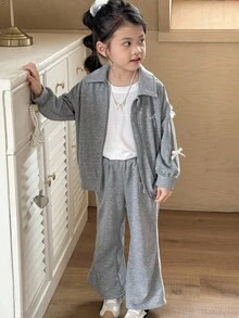 SHEIN Young Girls Casual Bowknot Trim Zip-Up Hoodie Jacket & Flared Pants Set Fall Winter - Multicolor - View 3