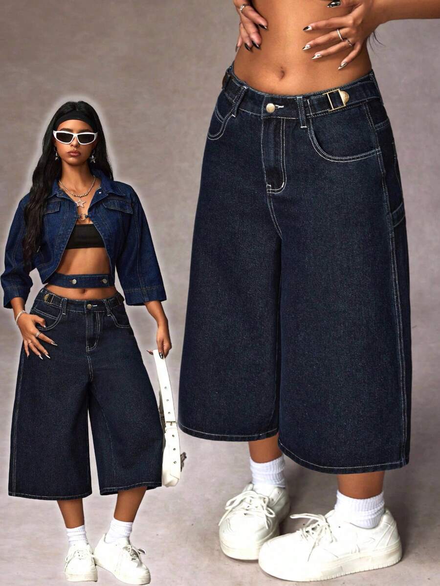 SHEIN EZwear Plus Size Casual Washed Loose 3/4 Length Denim Jeans,Back To School