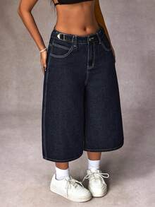 SHEIN EZwear Plus Size Casual Washed Loose 3/4 Length Denim Jeans,Back To School