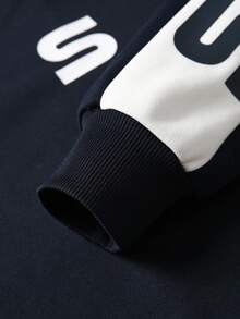 JNSQ Set de 2 piese pentru băieți, bluză cu guler rotund și mânecă lungă, cu imprimeu cu litere în blocuri de culori pe spate, asortată cu pantaloni lungi de trening, potrivită pentru toamnă, iarnă, purtare zilnică, activități în aer liber, vacanță, streetwear, petrecere, casual