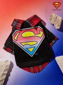 SUPERMAN X PETSIN 1pc Ombre Retro Style Logo Print Black Knit Patchwork Plaid 2 In 1 Stylish Vintage Sweatshirt, Suitable For Cats And Dogs